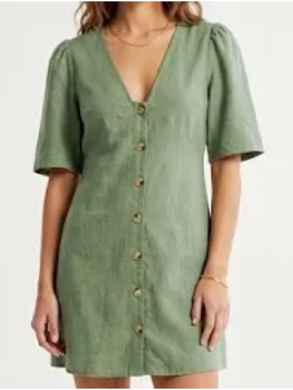 Topshop V-Neck Button-Front Mini Dress in Olive Green